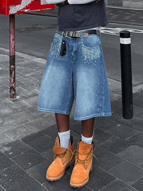 Men s Knee Length Denim Shorts with Distressed Detailing and Frayed Hem Mid Rise Loose Fit Long Jean Shorts Below Knee Cropped