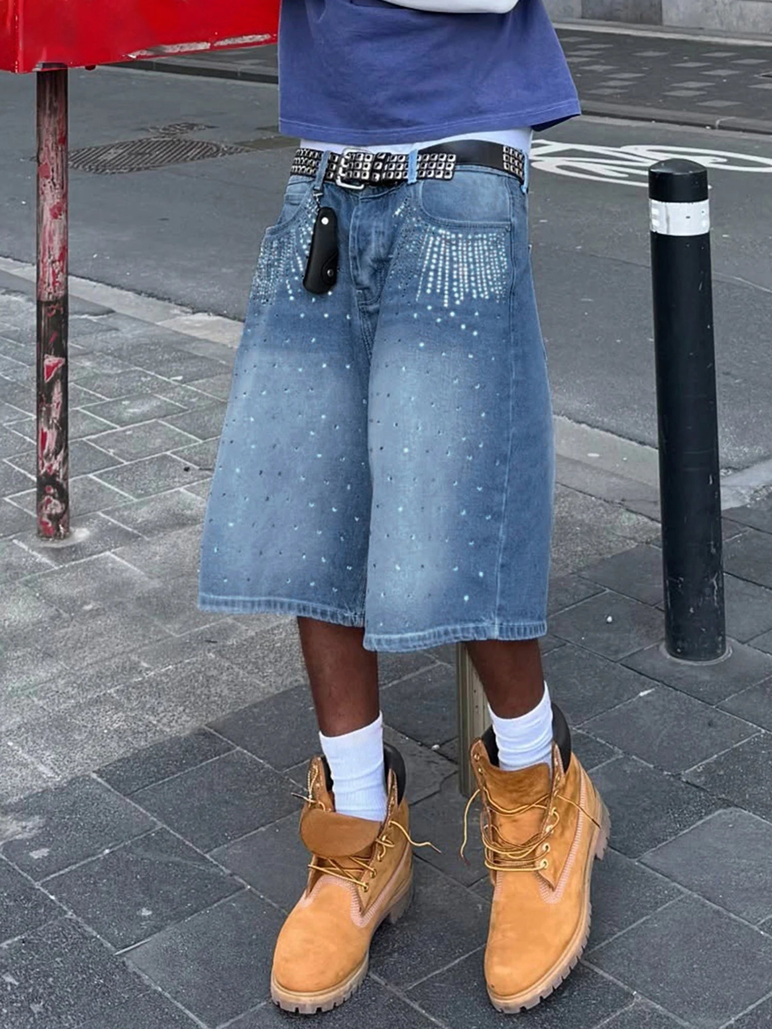 Men s Knee Length Denim Shorts with Distressed Detailing and Frayed Hem Mid Rise Loose Fit Long Jean Shorts Below Knee Cropped