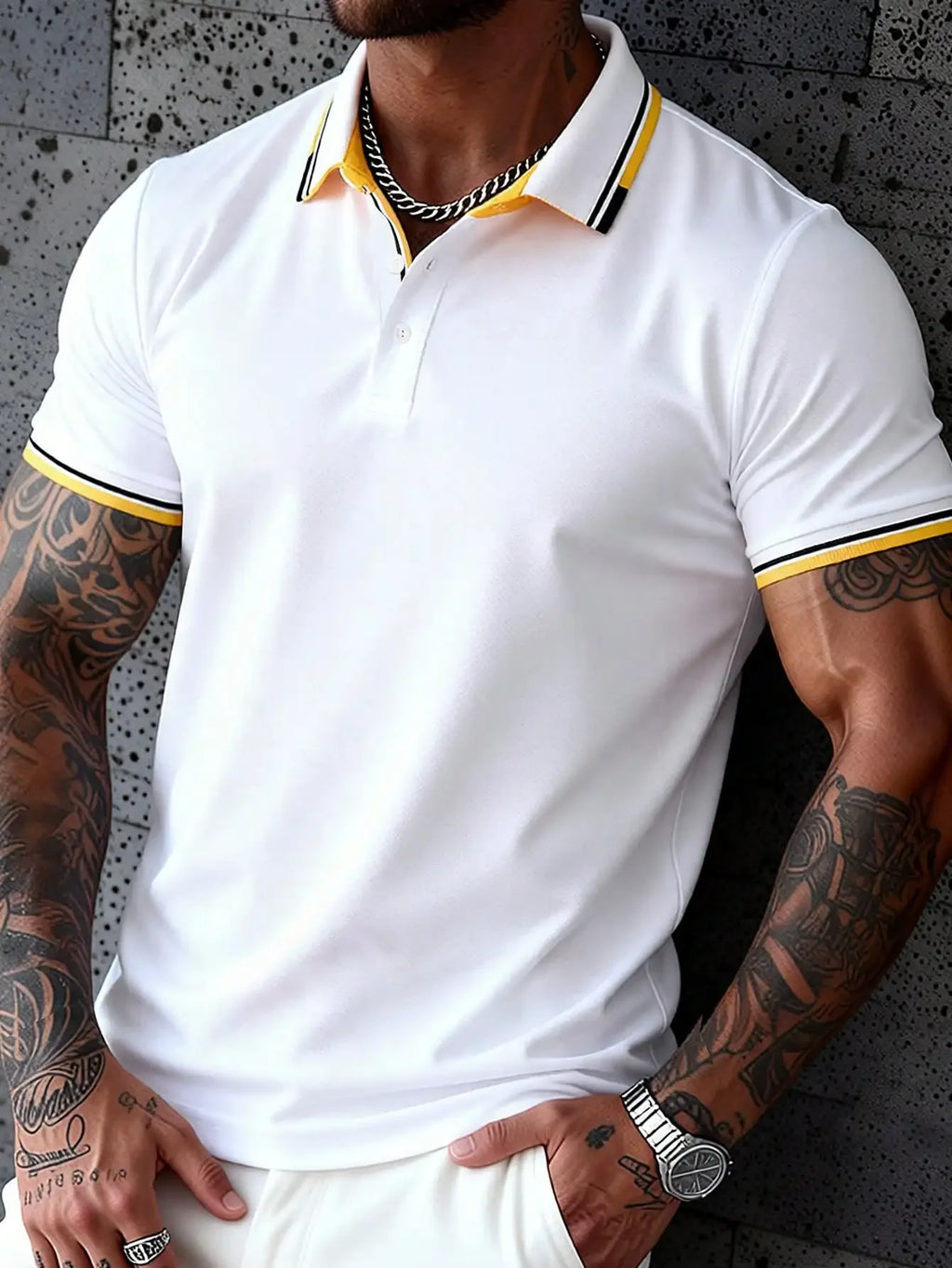 Mens Summer Casual Short Sleeve Shirt With Striped Collar And Cuffs