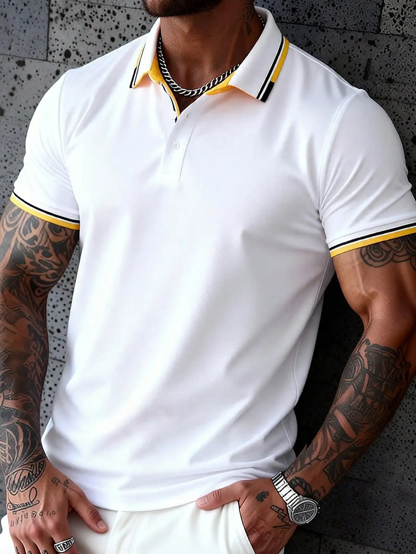 Mens Summer Casual Short Sleeve Shirt With Striped Collar And Cuffs