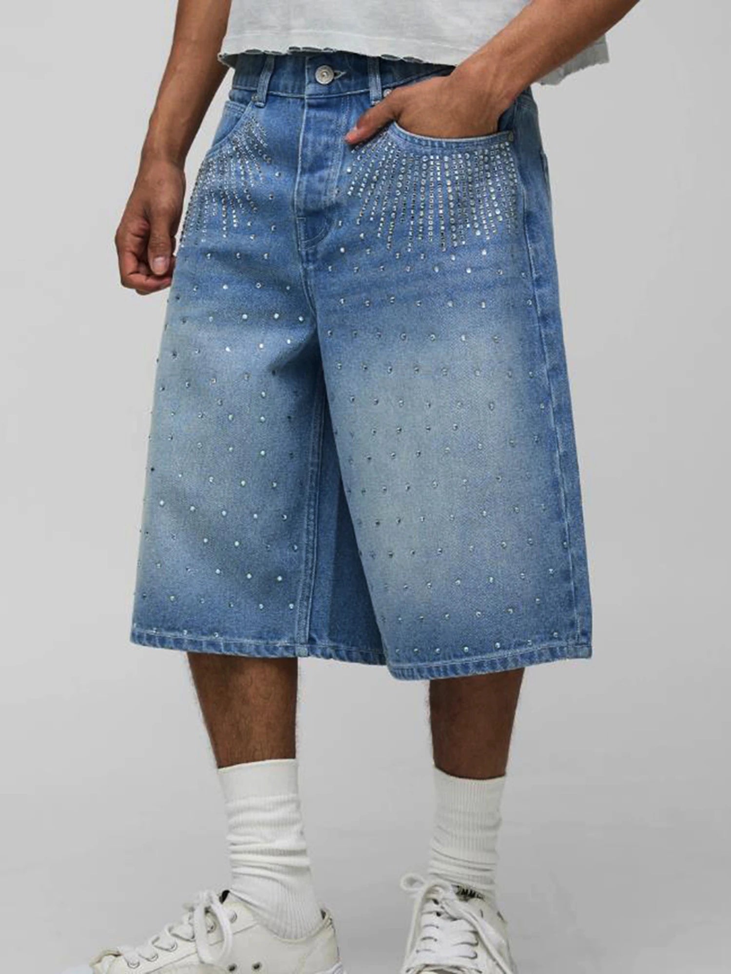Men s Knee Length Denim Shorts with Distressed Detailing and Frayed Hem Mid Rise Loose Fit Long Jean Shorts Below Knee Cropped