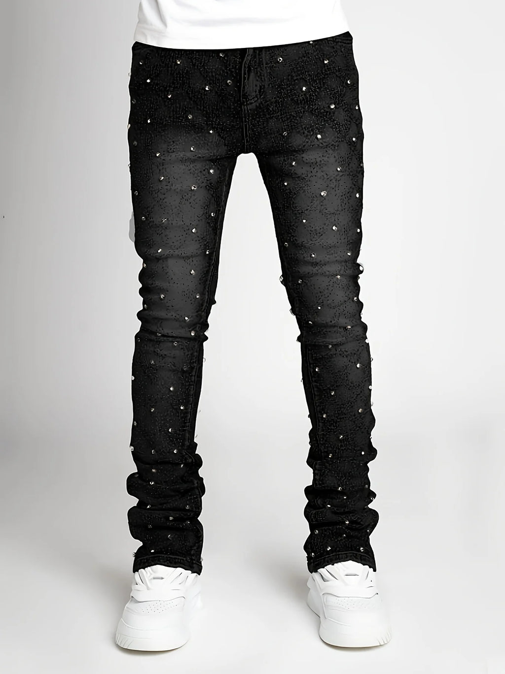 Men's denim fashion personality straight leg men's pants European and American fashion Instagram hot item elastic pearl denim la